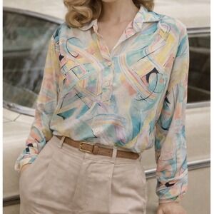 Vintage‎ Blouse Pastel Colorful Boho Silky Satin Abstract Retro Top Spring L